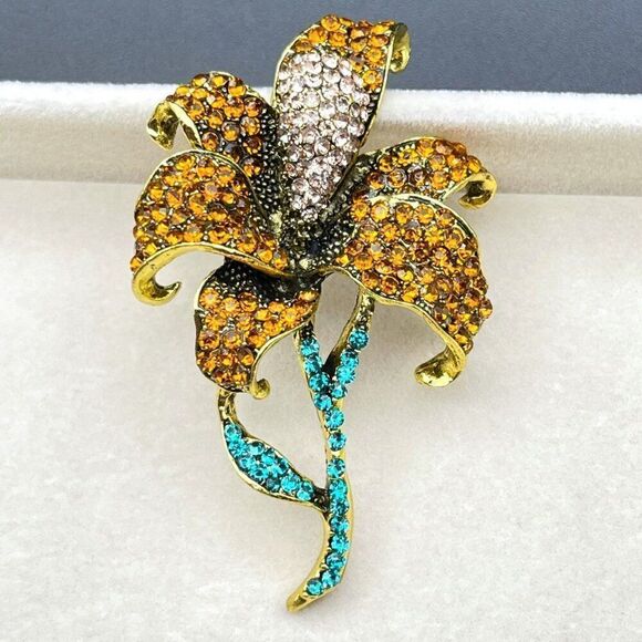 Yellow Gold with Burnt Orange and Champagne Crystal Lily Flower Pin Back Brooch - Picture 7 of 9